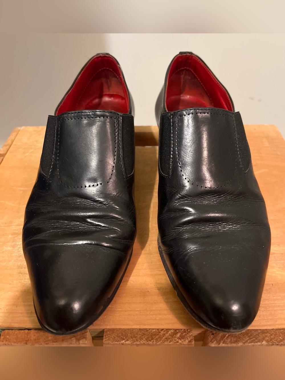 Black Leather Slip-On Dress Shoes with Red Interior- needs repair!!!